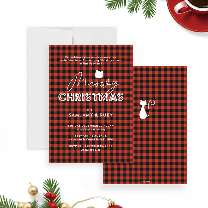 Meowy Christmas invitation card featuring a red and black plaid background, a cat silhouette, and customizable holiday event details-front-back