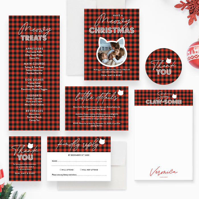 Red and black plaid cat Christmas party invitation set with photo and text.