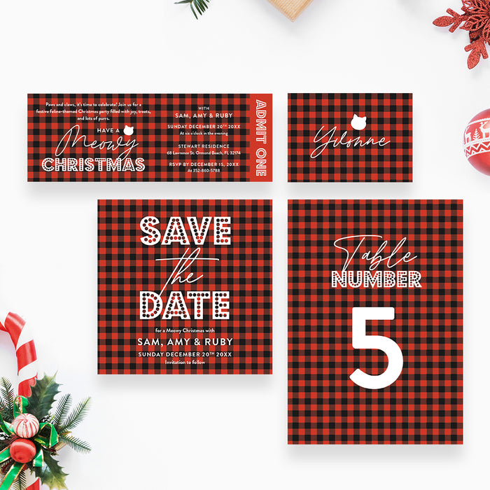 Set of Christmas-themed invitations with red and black plaid patterns on a white background.