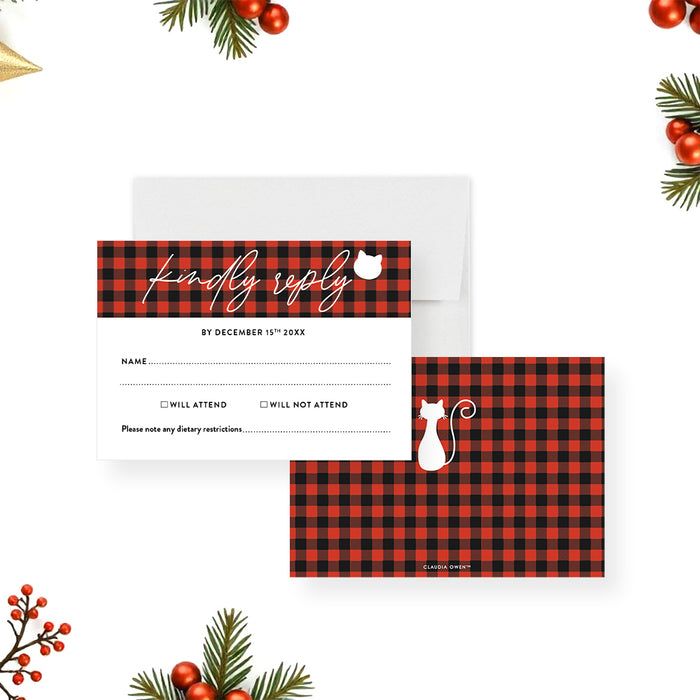 Meowy Christmas Cat Party Invitation Plaid Holiday Card