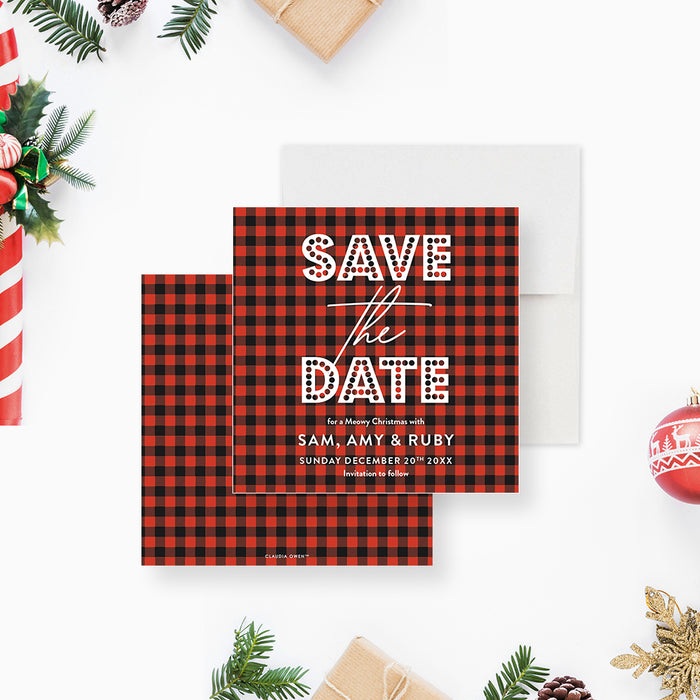 Festive plaid save the date card featuring a red and black plaid background, bold white lettering, and customizable holiday event details.-front-back