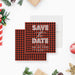 Festive plaid save the date card featuring a red and black plaid background, bold white lettering, and customizable holiday event details.-front-back