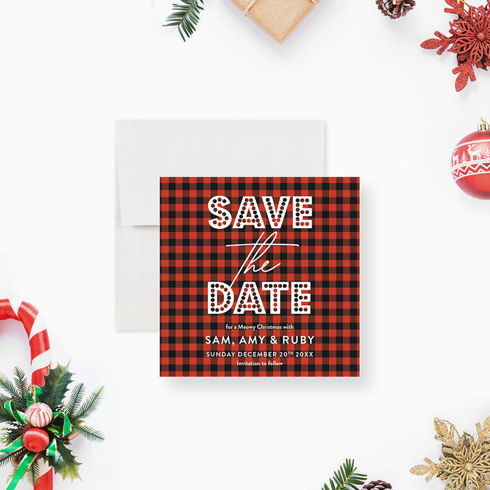 Meowy Christmas Cat Party Invitation Plaid Holiday Card