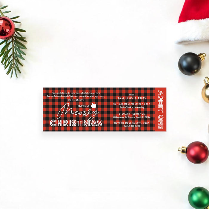 Meowy Christmas Cat Party Invitation Plaid Holiday Card