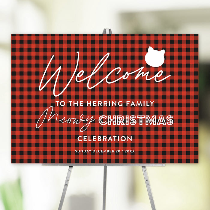 Red and black plaid personalized Christmas welcome sign with a cat silhouette—ideal holiday decor for pet lovers.
