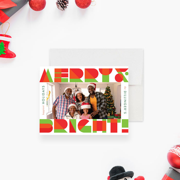 Merry and Bright Holiday Card in Classic Red Orange and Green, Personalized Family Christmas Photo Card, Cheerful Holiday Card with Picture