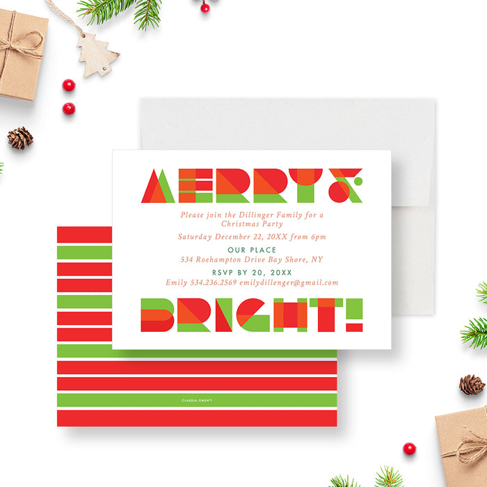 Merry and Bright Christmas Party Invitation Card in Classic Red and Green, Cheerful Holiday Bash Invitation