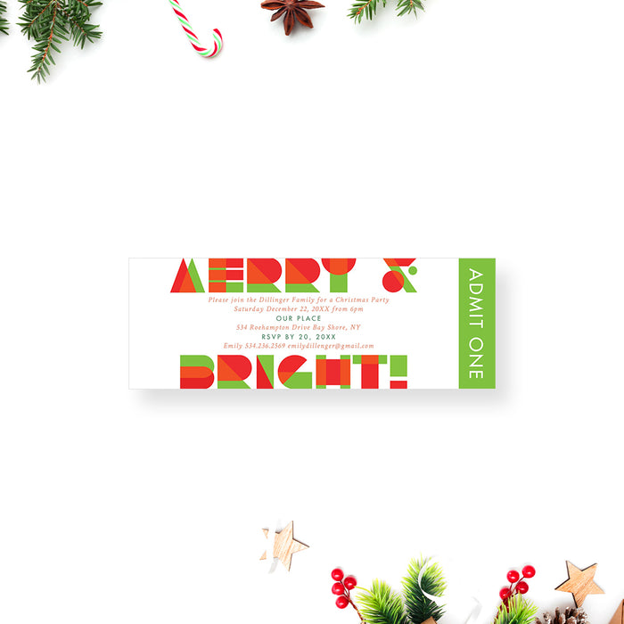 Merry and Bright Christmas Ticket Invitation in Classic Red Orange and Green, Family Christmas Dinner Ticket Invites, Cheerful Xmas Holiday Tickets