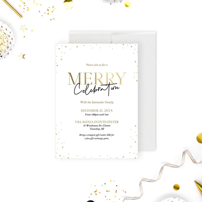 Merry Christmas Celebration Invitation Card in White and Gold, Family Xmas Invitations with Confetti, Minimalist Christmas Holiday Invites