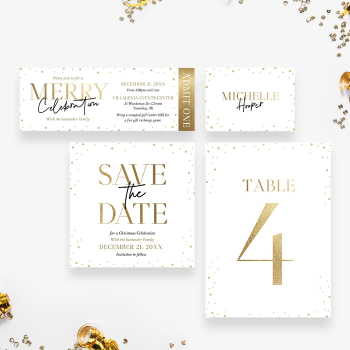 Merry Christmas Celebration Invitation Card in White and Gold, Family Xmas Invitations with Confetti, Minimalist Christmas Holiday Invites