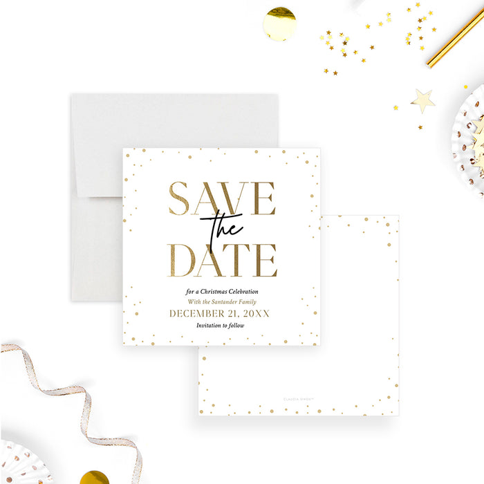 Save the Date Invitation with Elegant Typography and Confetti, Minimalist White and Gold Christmas Save the Date Card