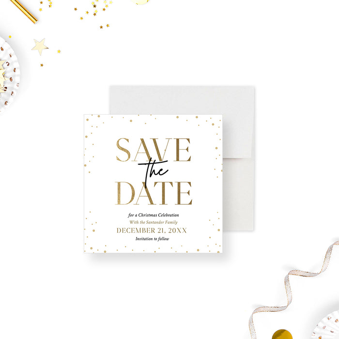 Save the Date Invitation with Elegant Typography and Confetti, Minimalist White and Gold Christmas Save the Date Card