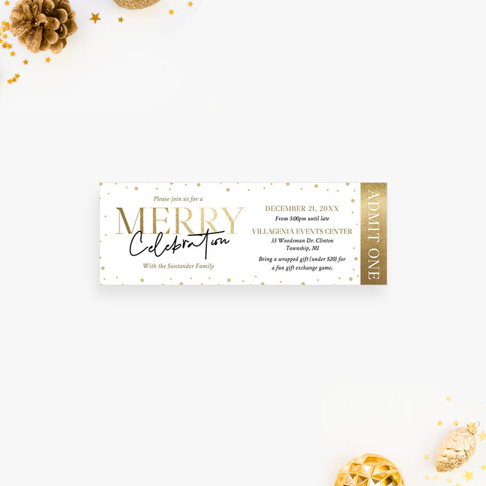 Merry Celebration Ticket Invitation with Elegant Typography and Confetti, Personalized Christmas Party Ticket Invitation in White and Gold