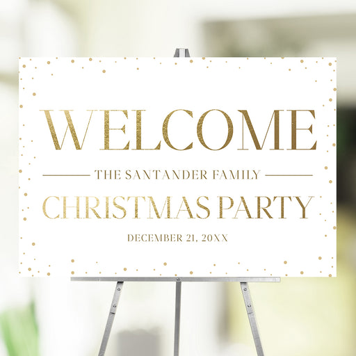 Elegant Christmas welcome sign with gold confetti, perfect for holiday parties, receptions, and seasonal event décor.