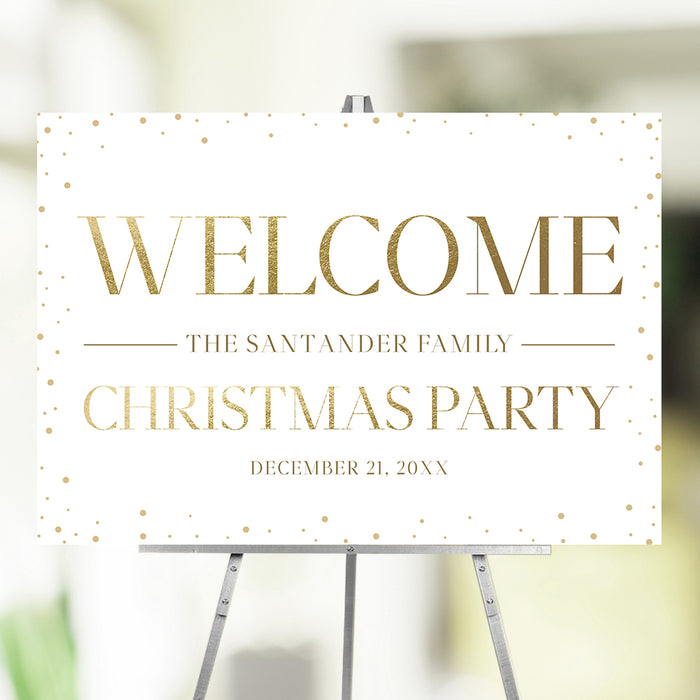 Elegant Christmas welcome sign with gold confetti, perfect for holiday parties, receptions, and seasonal event décor.