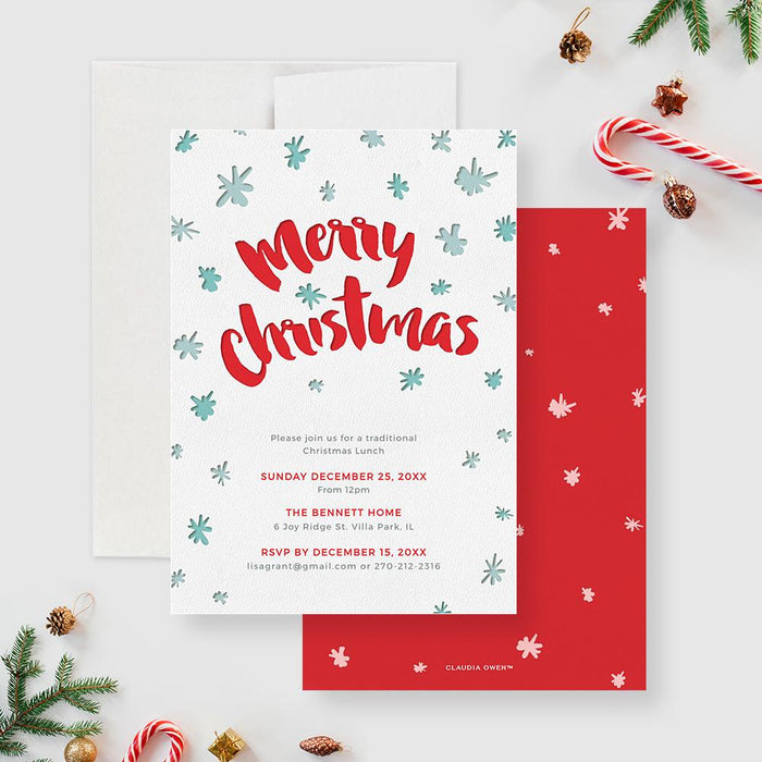 A modern Christmas invitation card featuring the words “Merry Christmas” in bold red script with light blue snowflakes on a white textured background,