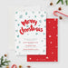 A modern Christmas invitation card featuring the words “Merry Christmas” in bold red script with light blue snowflakes on a white textured background,