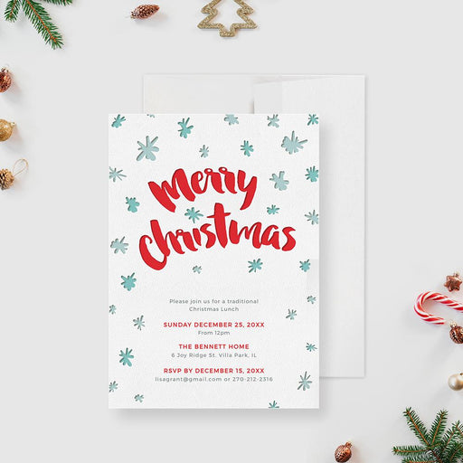 A modern Christmas invitation card featuring the words “Merry Christmas” in bold red script with light blue snowflakes on a white textured background,