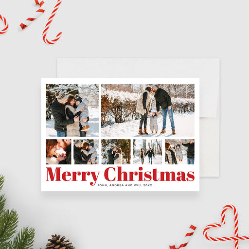 Modern Merry Christmas photo card featuring a clean multi-photo collage layout, editable digital holiday greeting design for personalized family photos.