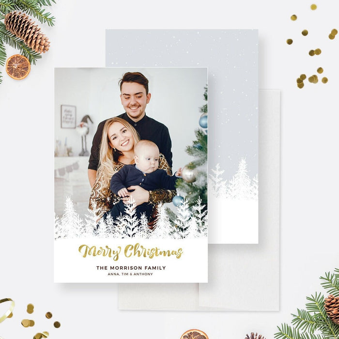 Merry Christmas family photo card featuring modern white pine trees and a customizable photo layout in a printable digital holiday card design