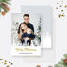 Merry Christmas family photo card featuring modern white pine trees and a customizable photo layout in a printable digital holiday card design