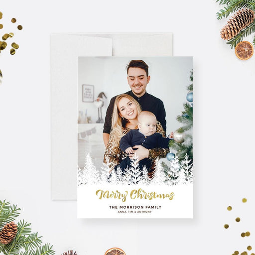 Merry Christmas family photo card featuring modern white pine trees and a customizable photo layout in a printable digital holiday card design