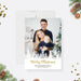 Merry Christmas family photo card featuring modern white pine trees and a customizable photo layout in a printable digital holiday card design