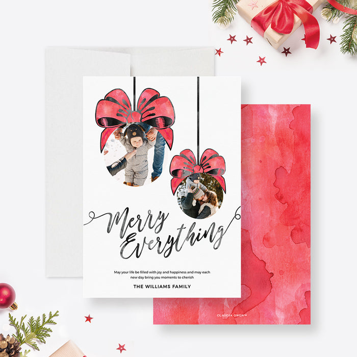 Digital Merry Everything holiday greeting card with modern festive design, Christmas ornaments and typography wishing Merry Everything for seasonal celebrations