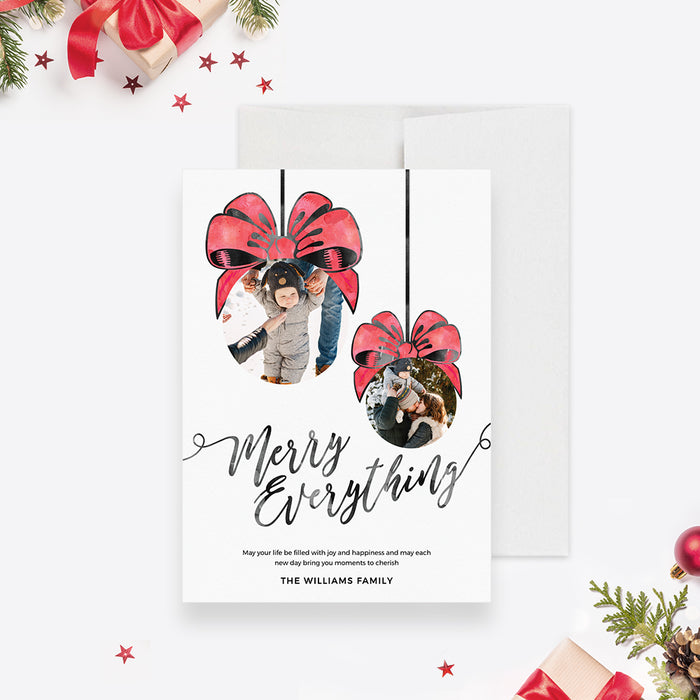 Digital Merry Everything holiday greeting card with modern festive design, Christmas ornaments and typography wishing Merry Everything for seasonal celebrations