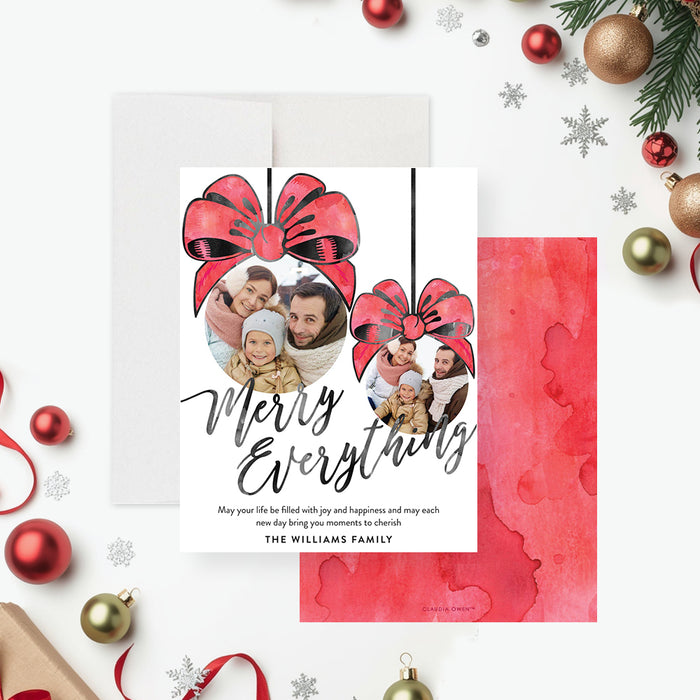 merry everything holiday greeting card with family photos inside festive ornament designs and red bow accents-front-back