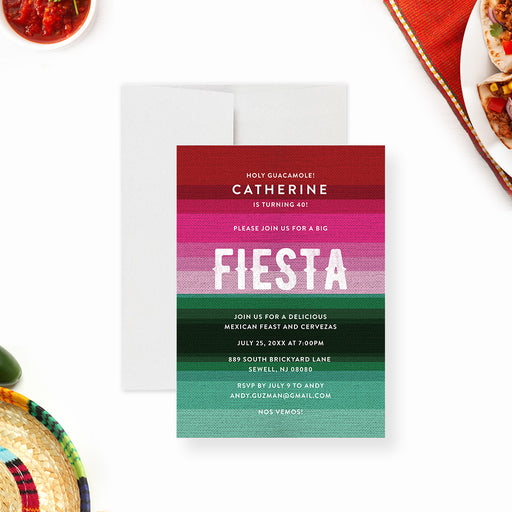 Mexican-themed birthday invitation with vibrant and colorful serape blanket pattern, custom party details for a festive fiesta celebration-front