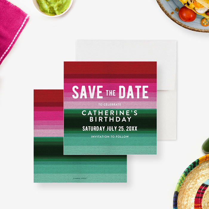 Mexican birthday fiesta save the date card with colorful serape stripes in vibrant pink, red, and green with bold white party details lettering-front-back