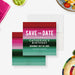 Mexican birthday fiesta save the date card with colorful serape stripes in vibrant pink, red, and green with bold white party details lettering-front-back
