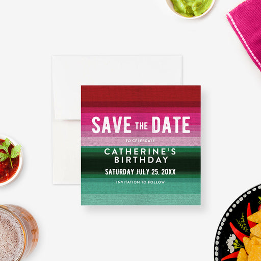 Mexican birthday fiesta save the date card with colorful serape stripes in vibrant pink, red, and green with bold white party details lettering-front