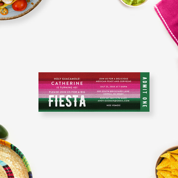 Colorful birthday fiesta ticket invitation with vibrant Mexican serape stripes in red, pink, and green with custom party details in bold white lettering