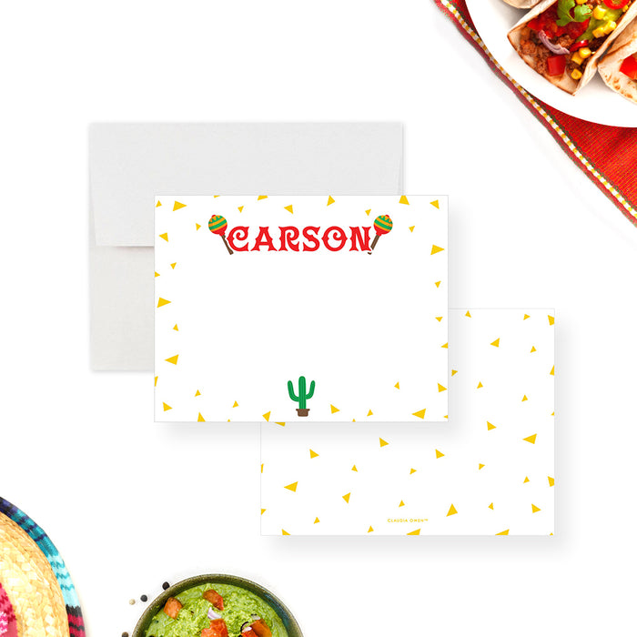 Fun Mexican Note Card with Cactus and Maracas, Personalized Fiesta Stationery Card, Cinco De Mayo Thank You Card with Confetti Corn Chips