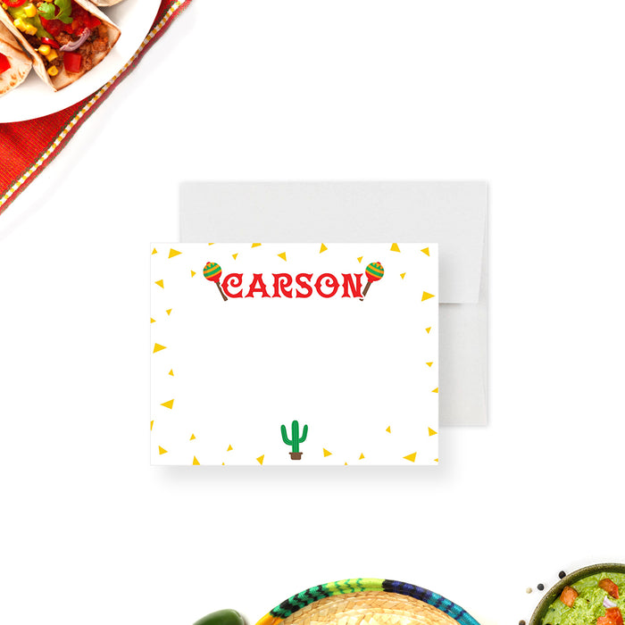 Fun Mexican Note Card with Cactus and Maracas, Personalized Fiesta Stationery Card, Cinco De Mayo Thank You Card with Confetti Corn Chips