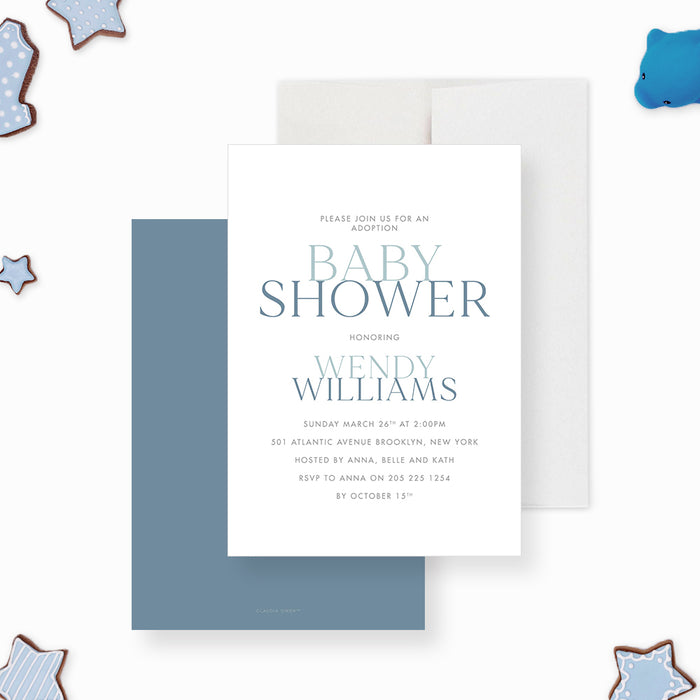 Minimalist Adoption Baby Shower Invitation Card for Parents To Be, Blue Baby Boy Shower Invite Cards