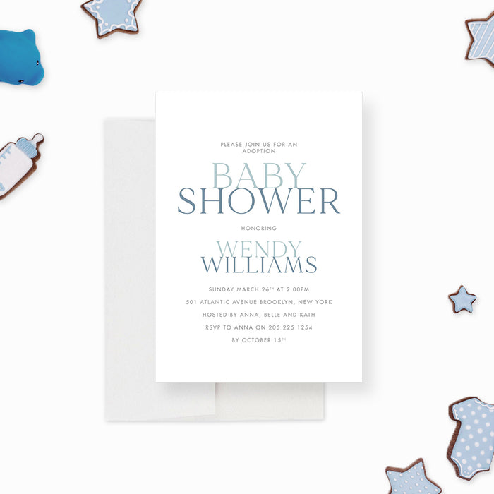 Minimalist Adoption Baby Shower Invitation Card for Parents To Be, Blue Baby Boy Shower Invite Cards