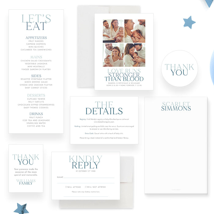 Minimalist Adoption Baby Shower Invitation Card for Parents To Be, Blue Baby Boy Shower Invite Cards