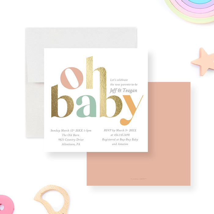 Minimalist Baby Shower Invitation Card with Colorful Typography, Oh Baby Modern Baby Shower Invitations for Girls Boys