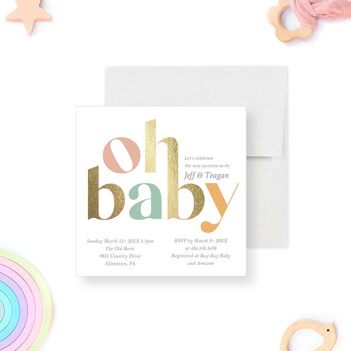 Minimalist Baby Shower Invitation Card with Colorful Typography, Oh Baby Modern Baby Shower Invitations for Girls Boys
