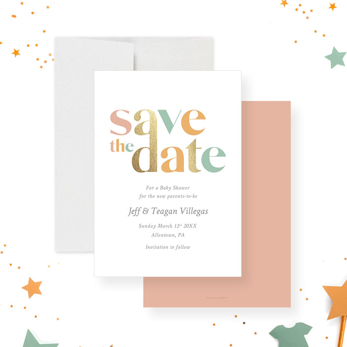 Minimalist Baby Shower Save the Date Card with Colorful Typography, Modern Baby Shower Save the Dates for Girls and Boys in Pastel Colors and Gold