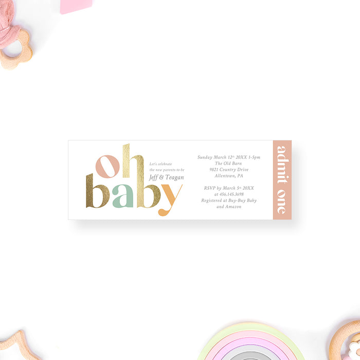 Minimalist Baby Shower Ticket Invitation with Colorful Typography, Oh Baby Ticket Invites for Girls and Boys