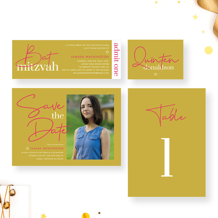 Bat Mitzvah Photo Invitation Card in Mustard Yellow Design, Religious Party Invite Cards, Minimalist Photo Invitations for Jewish Birthday Bash for Girls