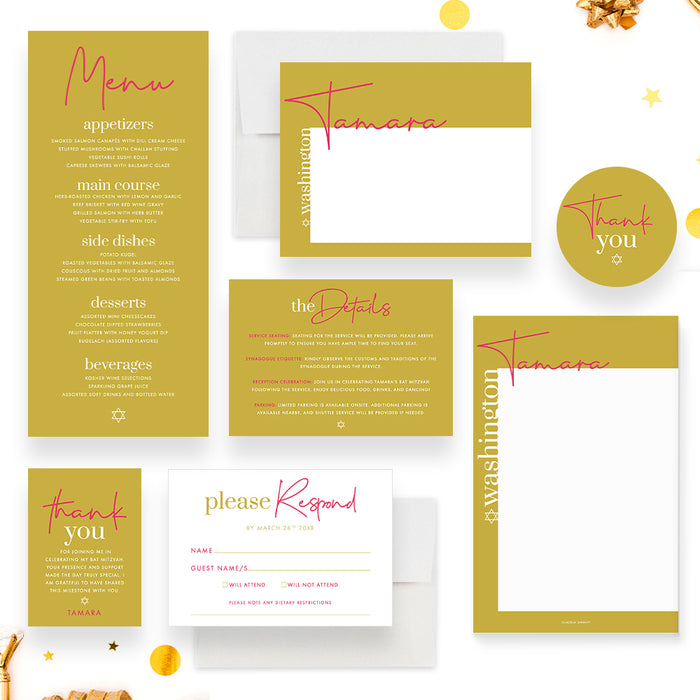 Bat Mitzvah Photo Invitation Card in Mustard Yellow Design, Religious Party Invite Cards, Minimalist Photo Invitations for Jewish Birthday Bash for Girls