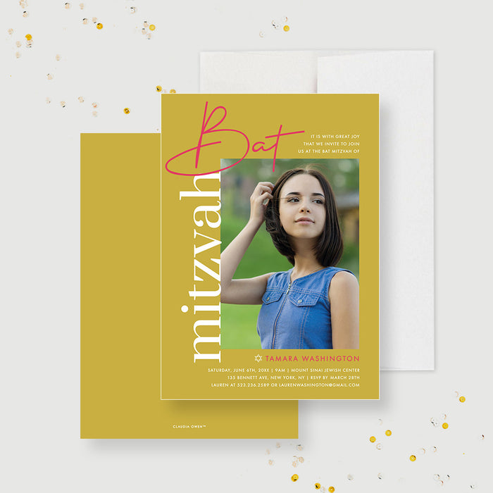 Bat Mitzvah Photo Invitation Card in Mustard Yellow Design, Religious Party Invite Cards, Minimalist Photo Invitations for Jewish Birthday Bash for Girls