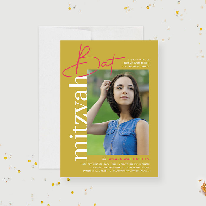 Bat Mitzvah Photo Invitation Card in Mustard Yellow Design, Religious Party Invite Cards, Minimalist Photo Invitations for Jewish Birthday Bash for Girls