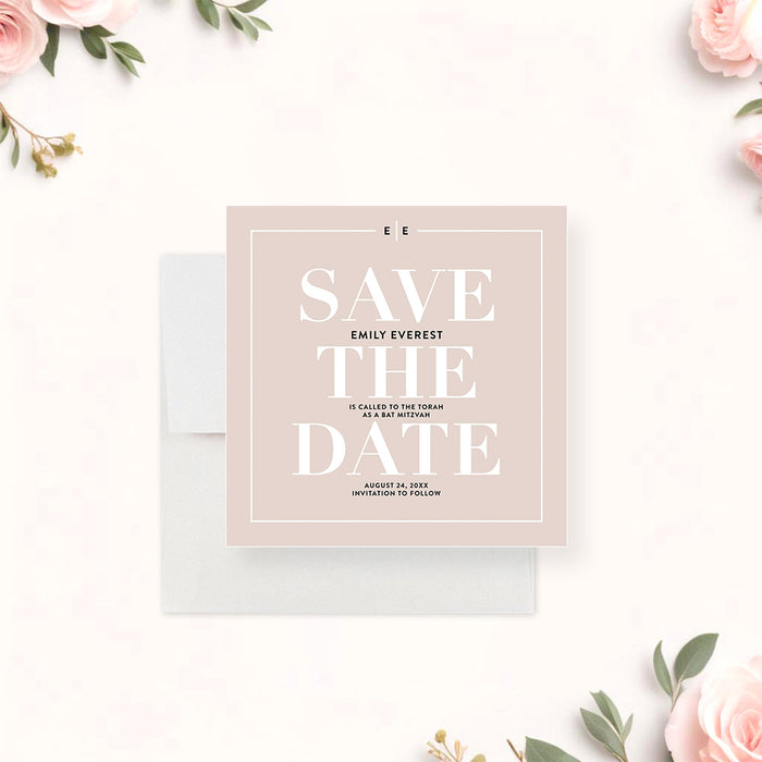 Light beige Bat Mitzvah save the date card with modern minimalist typography-front