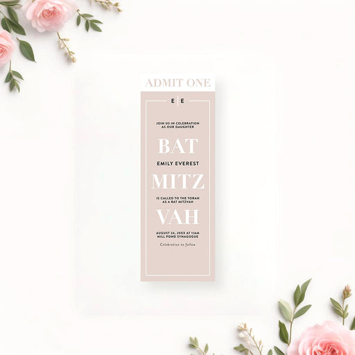 Bat Mitzvah ticket invitation featuring modern typography on a light beige background